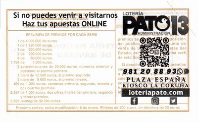 Reverso del d&eacute;cimo 88218 con el sello de la Administraci&oacute;n &laquo;Pato 13&raquo;, en A Coru&ntilde;a